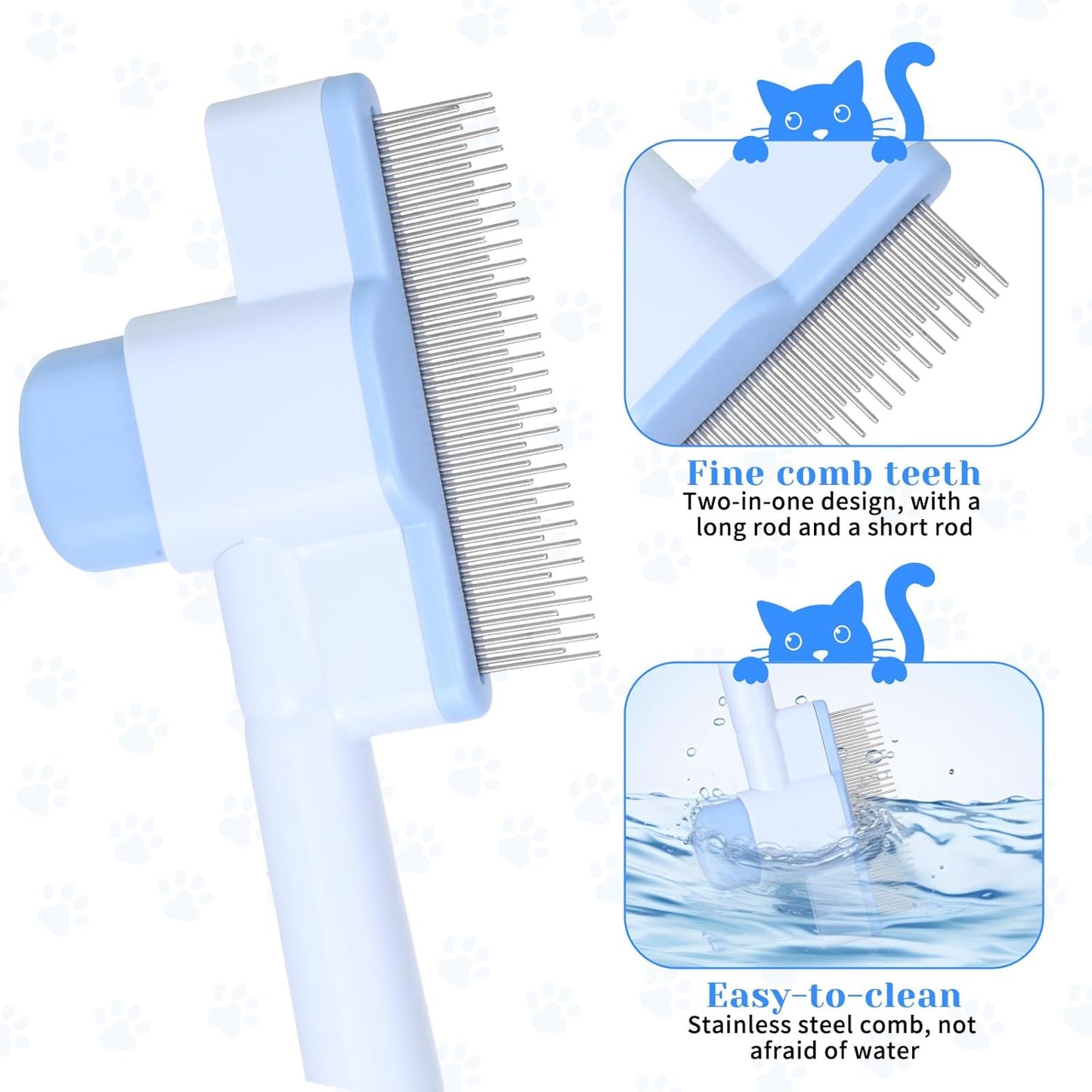 Pet Comb for Cats & Dogs, Pet Hair Removal Tool Flea Comb Self-Cleaning Pets Combs with Long & Short Stainless Steel Metal Teeth for Shedding and Tangles with Release Button