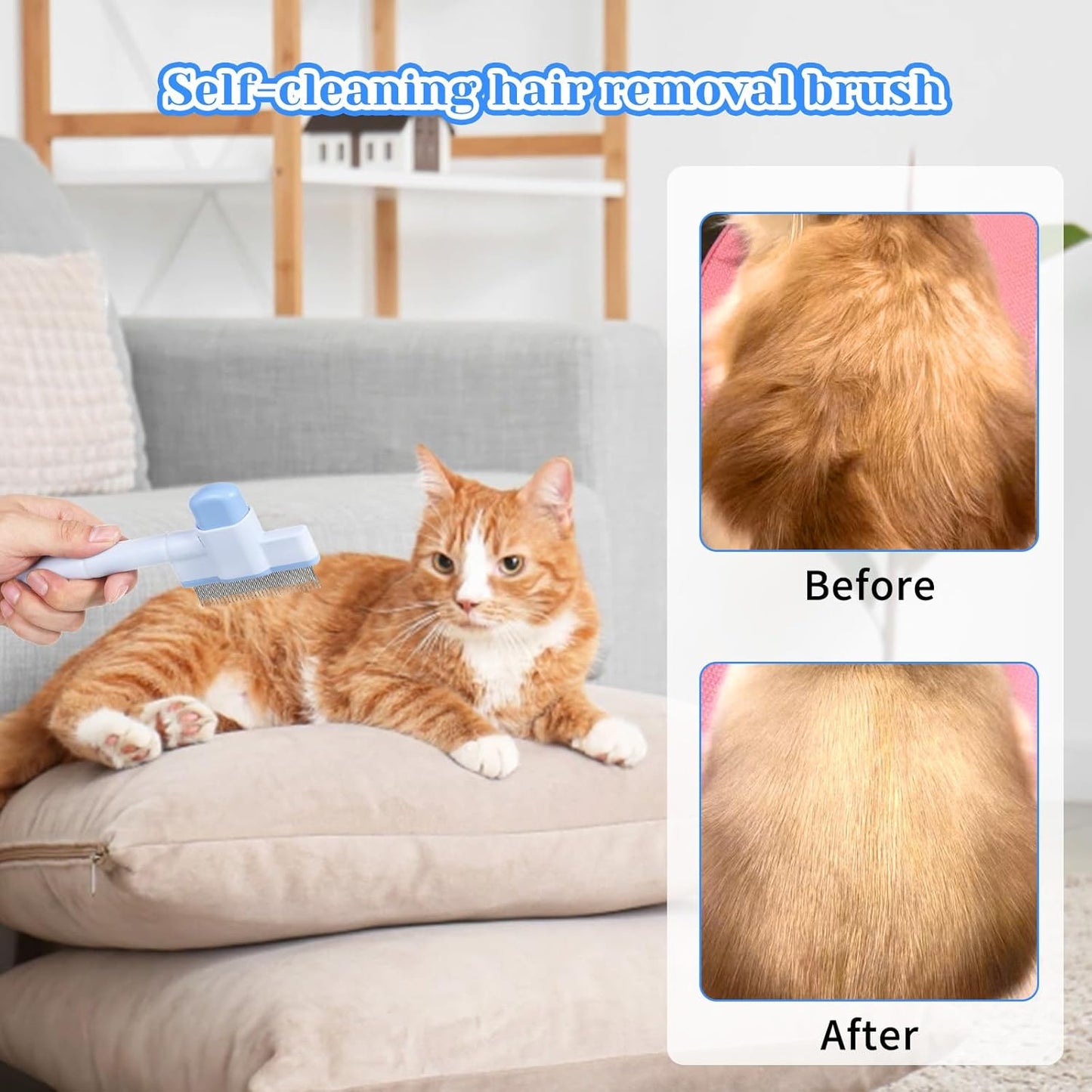 Pet Comb for Cats & Dogs, Pet Hair Removal Tool Flea Comb Self-Cleaning Pets Combs with Long & Short Stainless Steel Metal Teeth for Shedding and Tangles with Release Button