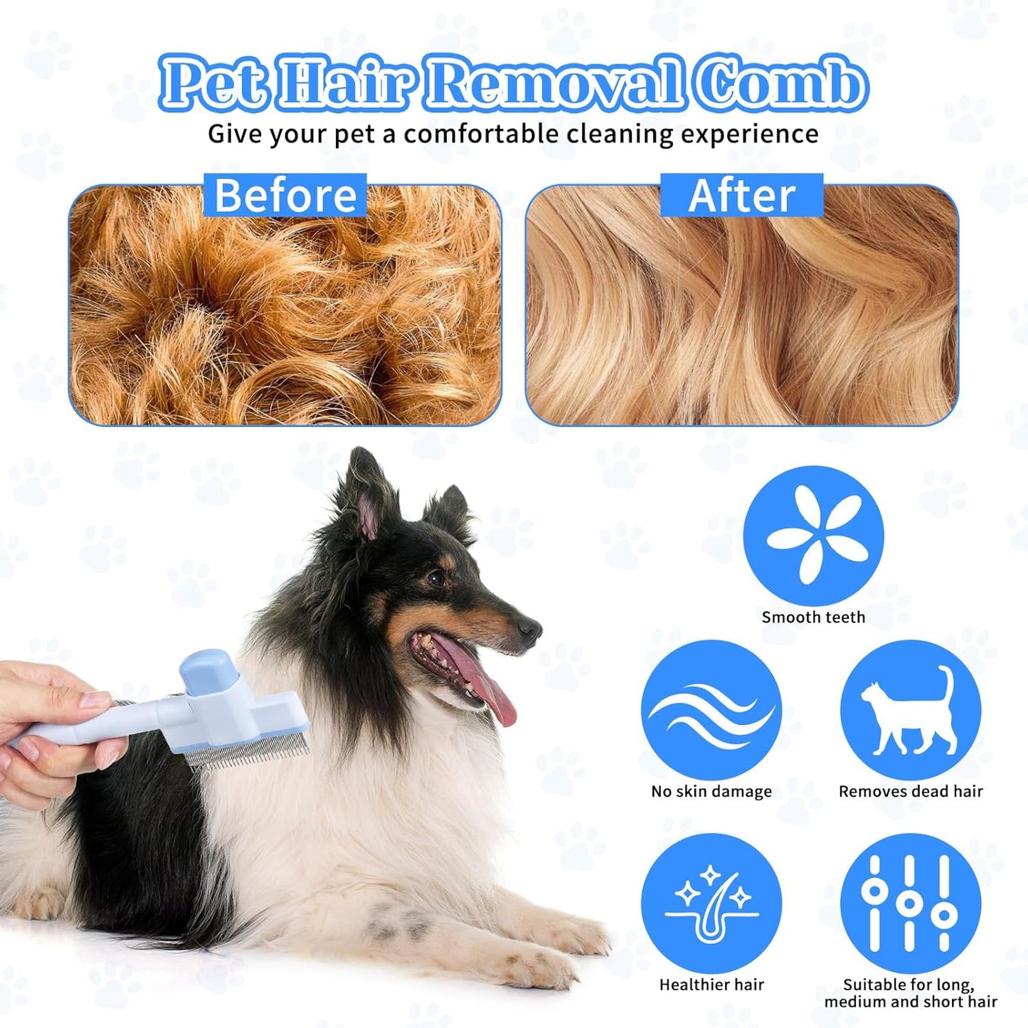 Pet Comb for Cats & Dogs, Pet Hair Removal Tool Flea Comb Self-Cleaning Pets Combs with Long & Short Stainless Steel Metal Teeth for Shedding and Tangles with Release Button
