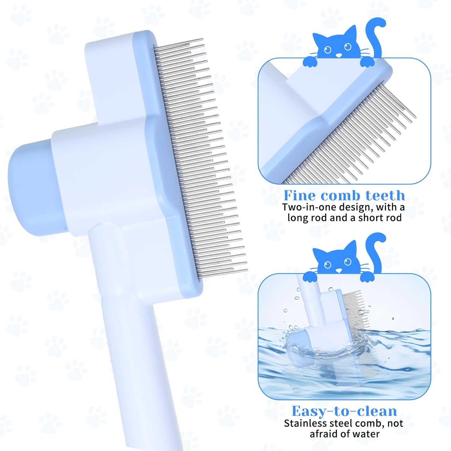 Pet Comb for Cats & Dogs, Pet Hair Removal Tool Flea Comb Self-Cleaning Pets Combs with Long & Short Stainless Steel Metal Teeth for Shedding and Tangles with Release Button