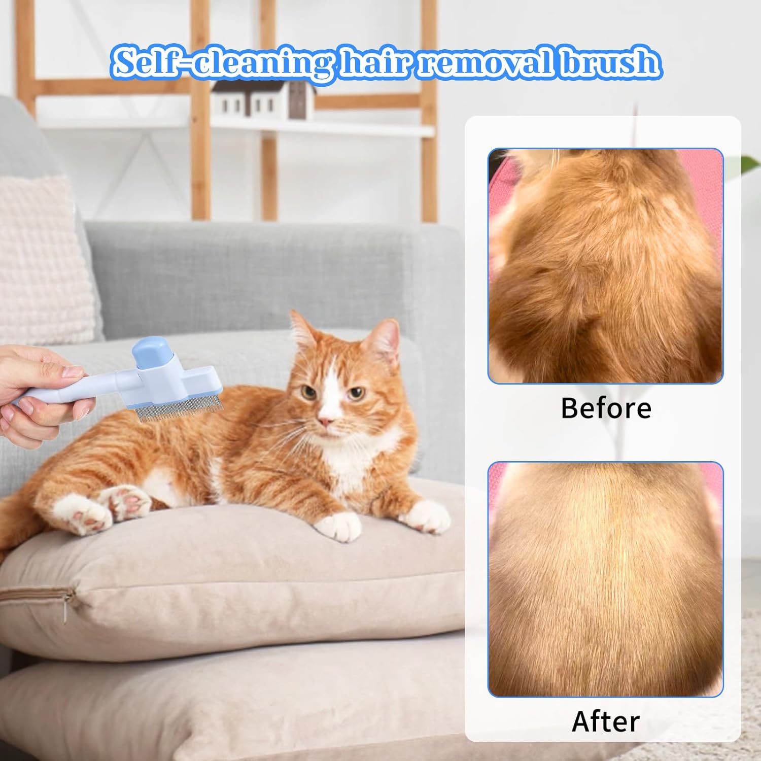 Pet Comb for Cats & Dogs, Pet Hair Removal Tool Flea Comb Self-Cleaning Pets Combs with Long & Short Stainless Steel Metal Teeth for Shedding and Tangles with Release Button